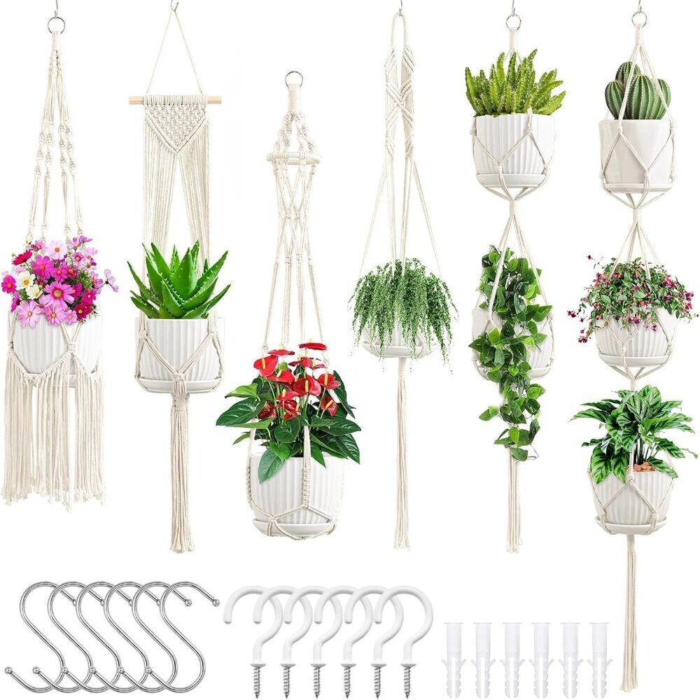 Macrame Plant Hangers, 6Pack Hanging Planters for Indoor Plants w/ 6 Set Hangers
